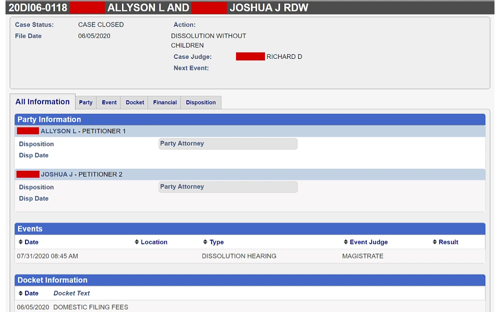 A screenshot showing case details displaying information such as the case status, file date, action, case judge, next event, parties' attorney, disposition and disposition date, events and docket information of an individual.