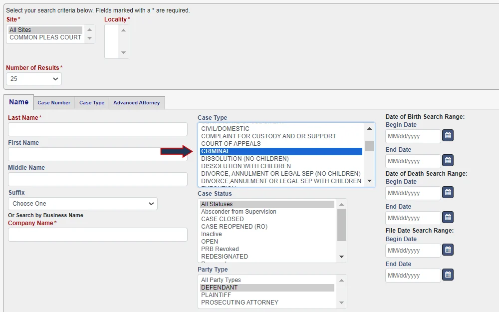 Screenshot of the search tool from the court of common pleas under Knox County Clerk of Courts, with fields dedicated for the first name, last name, middle name, suffix, company name, birth date range, death date range, and file date range; and options for case type, case status, and party type.