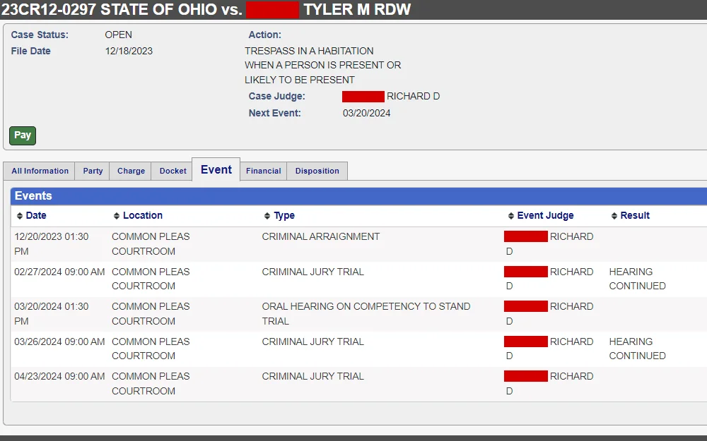 Case preview screenshot from Knox County showing the case number, title, status, judge, filing date, and action, along with tabs for summary, parties, charges, docket, events (current view), financials, and disposition.