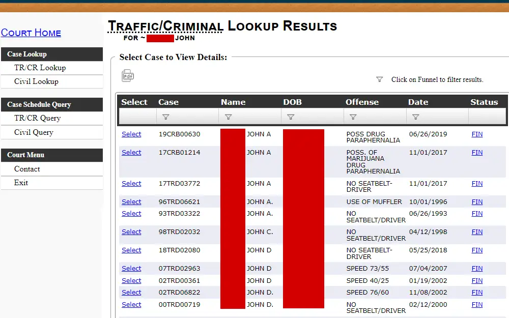 A screenshot from Mount Vernon Municipal Court displaying the results from their Traffic/Criminal Lookup Tool, listing the case number, name, birthday, offense, date, and status related to the cases.