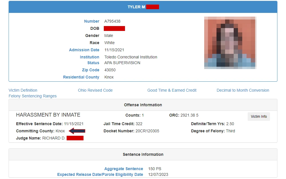 Screenshot of the case detail of an offender in Knox County from the department of corrections of Ohio, displaying the offender's mugshot, name, inmate number, date of birth, gender, race, admission date, institution, status, zip code, and residential county, followed by the offense and sentence information sections.