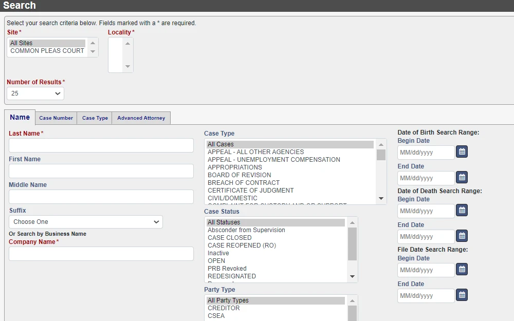 A screenshot of the court records search tool offered by the Knox County Clerk of Courts displays the fields under the 'name' tab, including the name, suffix, business name, and birth and death date ranges, along with the selections for case type, status, and party type.