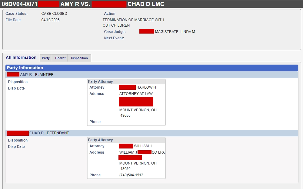 A screenshot of sample divorce case information from the record search service of the Knox County Clerk of Courts displays the case number, title, status, action, file date, judge, and party information.