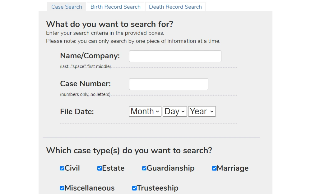 A screenshot from the Knox County Probate/Juvenile Court shows fields under the 'Case Search' tab, including the name or company, case number, and file date, followed by check boxes for search type.