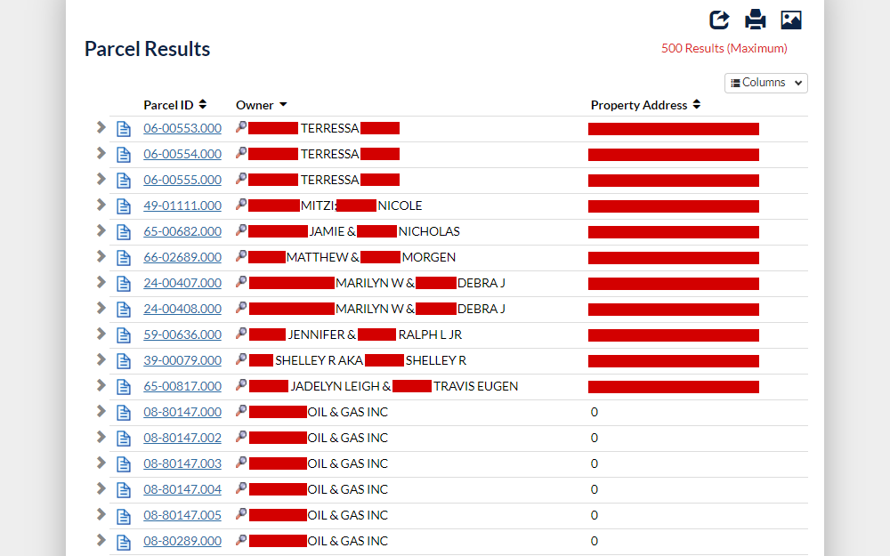 A screenshot from the Knox County Auditor lists the property search results, including the parcel ID, name of the owner, and address.