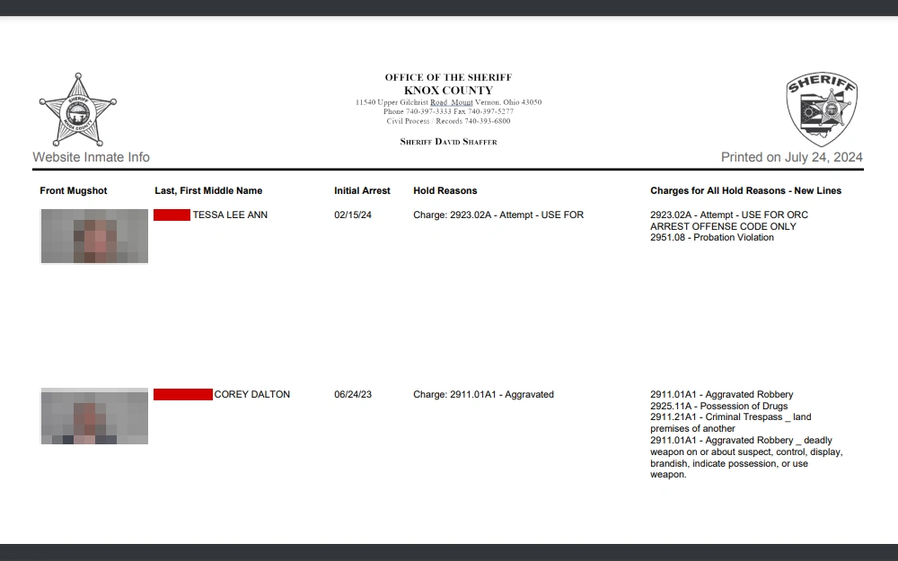 A screenshot of the updated bookings from the Knox County Sheriff's Office as of July 24, 2024, displays the offender's mugshot, full name, initial arrest date, and charges.