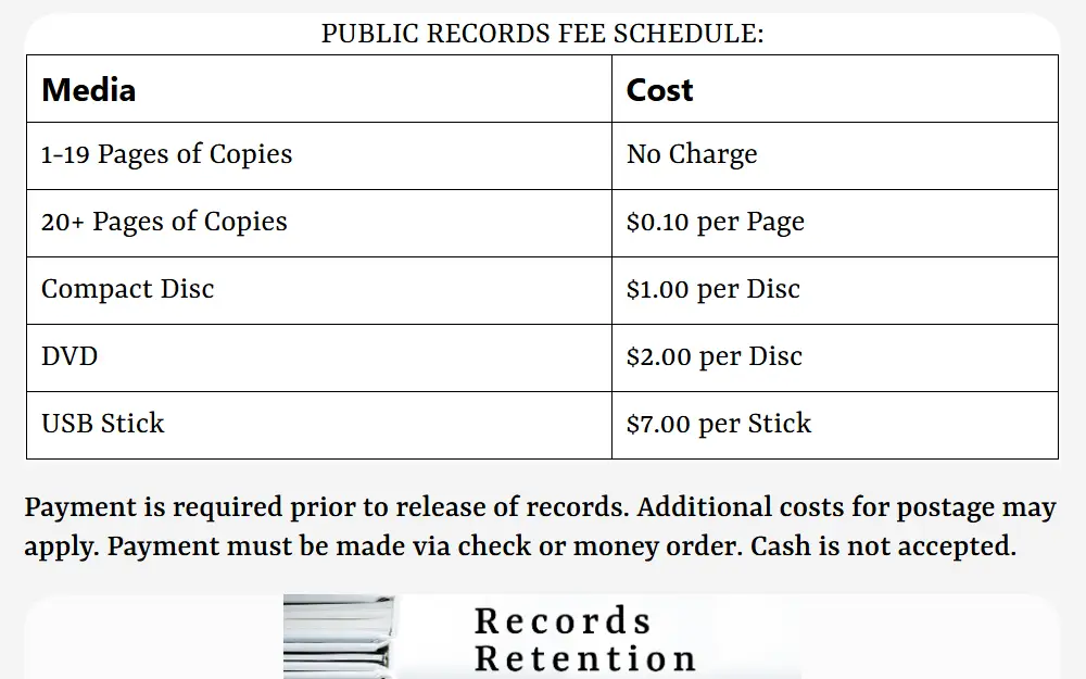 A screenshot of a public records fee schedule that shows the various costs of requesting records from the Knox County Sheriff's Office.