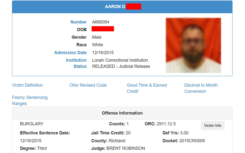 A screenshot of a sample inmate details from a search done using the Ohio Department of Rehabilitation and Correction's offender search tool, displaying the individual's full name, register #, DOB, gender, race, admission date, institution status, offense information, and more.